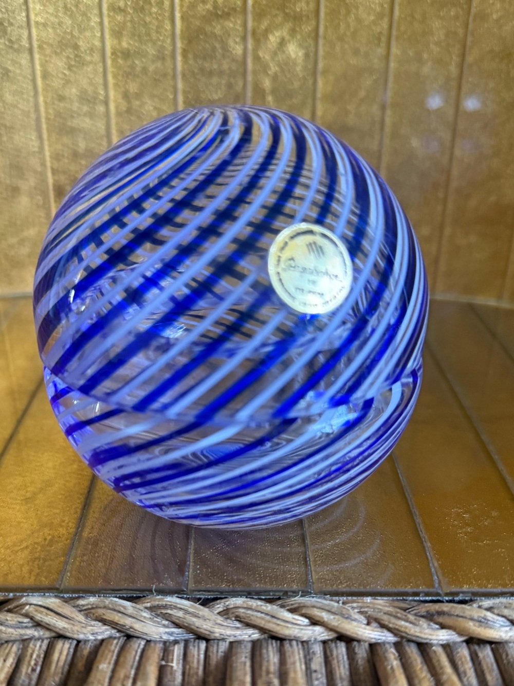Turkish lead Crystal Pasabahce blue and white striped round candy dish sphere 💙